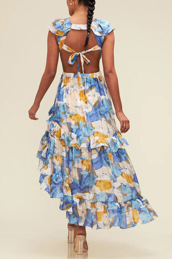 Boho Floral Print V-neck Backless Resort Maxi Dress