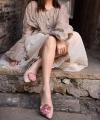 Pink Flat Feet Shoes Sheepskin Comfy Splicing Floral Pointed Toe