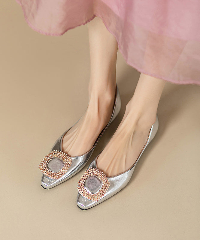 Silver Flat Shoes Faux Leather Fitted Splicing Zircon