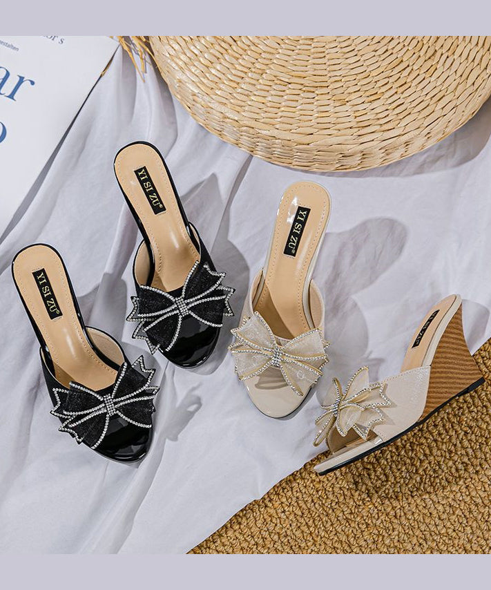 Stylish Splicing Wedge Heels Slide Sandals Black Bow Peep Toe