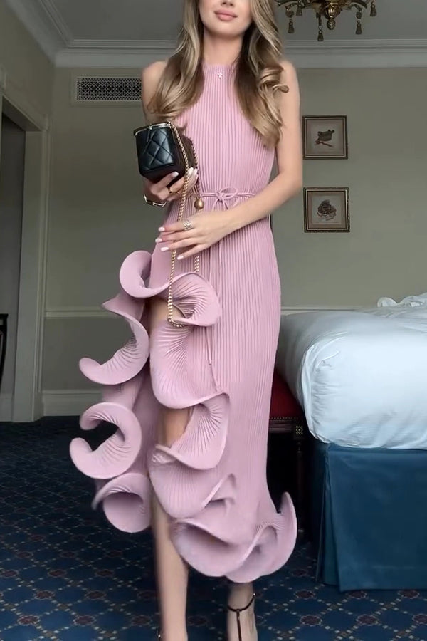 Butter Pleated  Sleeveless Waist Tie Irregular Ruffle Dimensional Hem Midi Dress