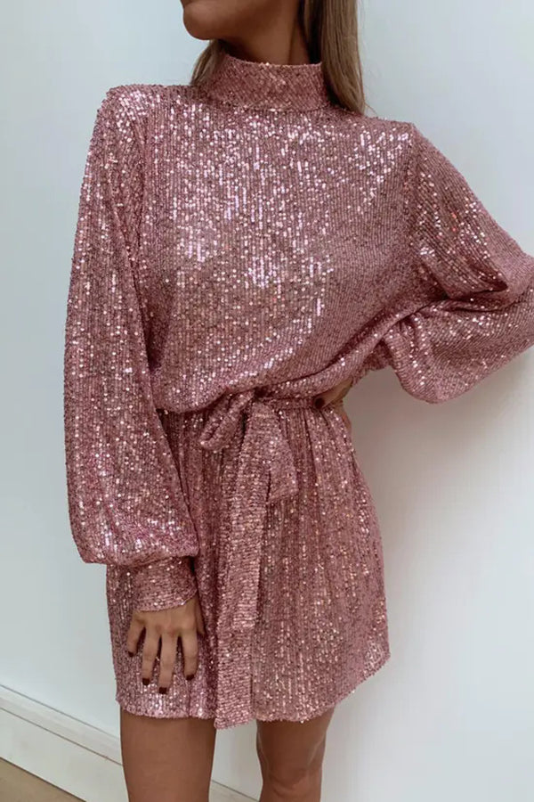 Sequined Long-sleeved Belted Casual Mini Dress