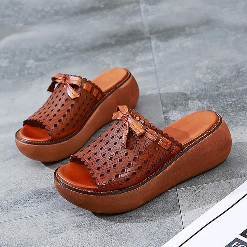 Leather Vintage Hollow Out Wedge Casual Slippers