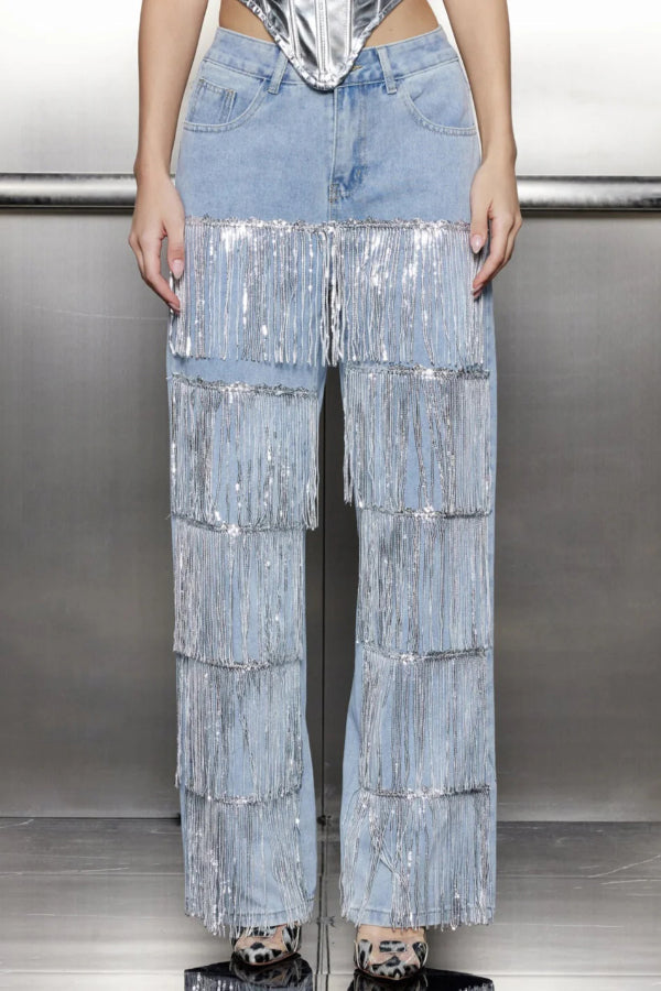 High-waisted Pocket Tassel Casual Straight Leg Jeans