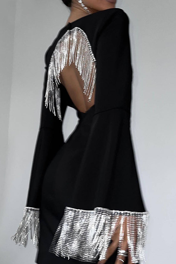 Fringed Square Neck Bell Sleeves Hollow Back Mini Dress