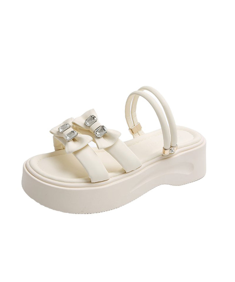 Boho Bow Zircon Splicing Platform Black Faux Leather Slide Sandals