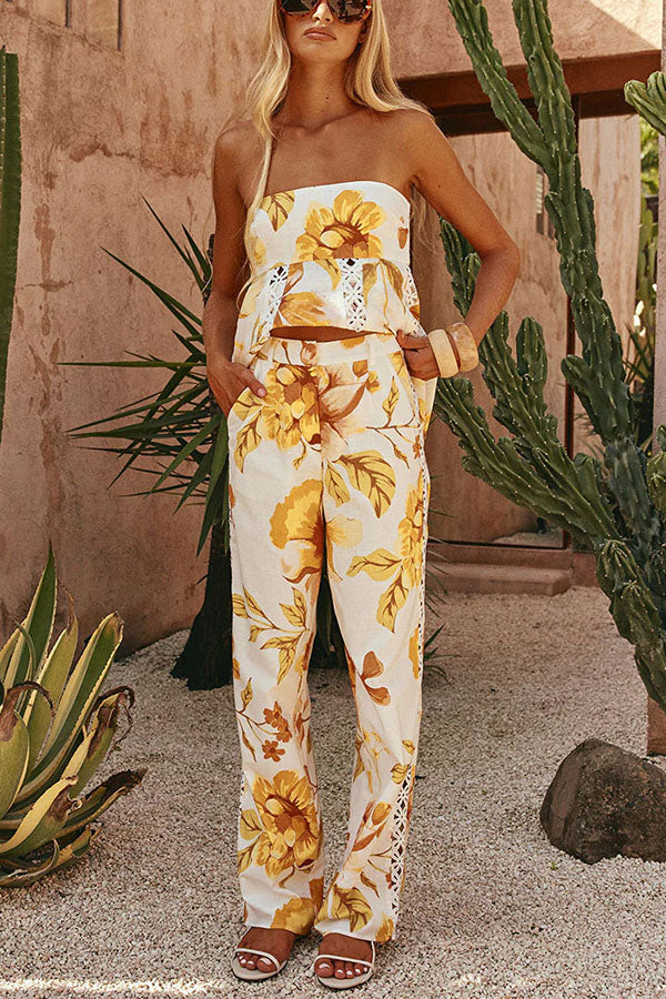 Lorde Linen Blend Floral Print Cutout Trim A-line Tank and High Rise Pocket Wide Leg Pants Set