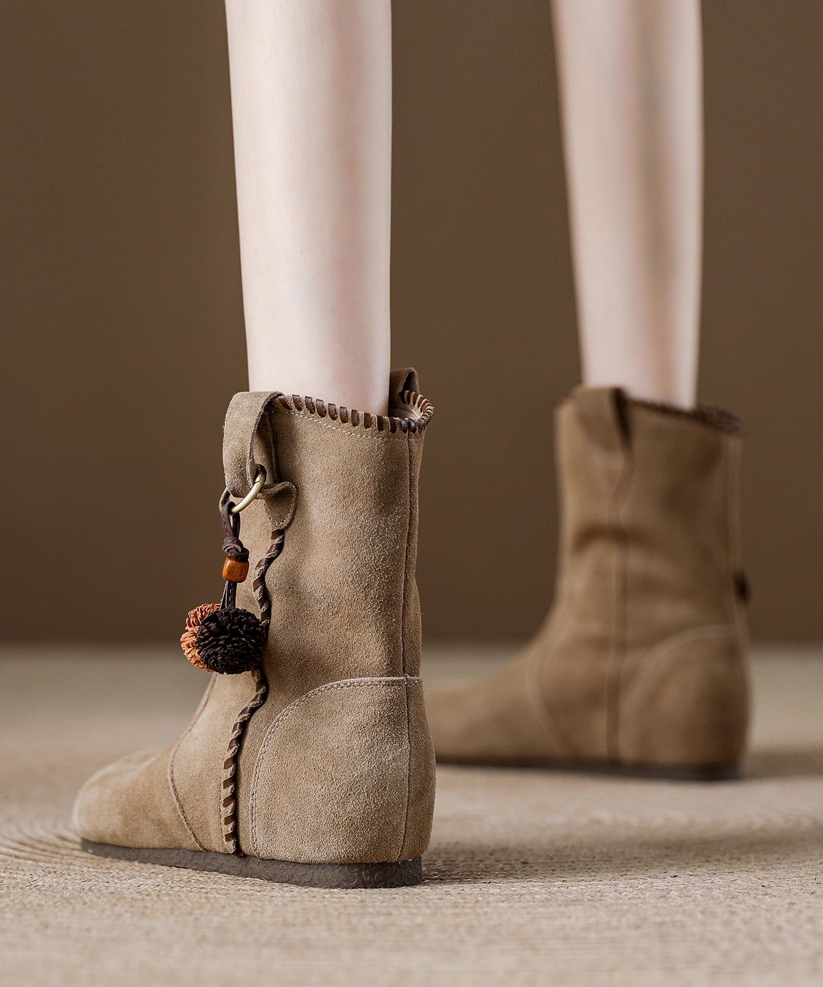 Khaki Suede Splicing Boho Wedge Boots
