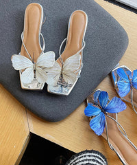 Stylish Butterfly Splicing Chunky Blue Faux Leather Slide Sandals