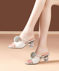 Women Crystal Chunky Heel Beige Slide Sandals Peep Toe