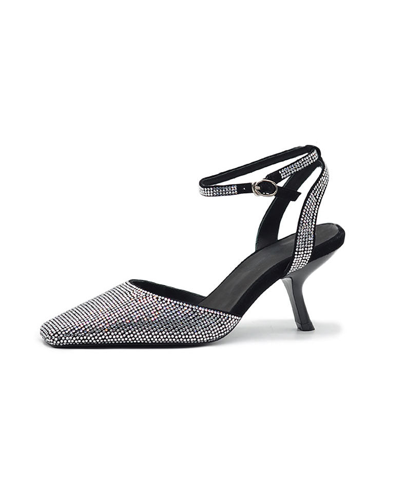 Buckle Strap Splicing High Heel Sandals Black Sheepskin Zircon