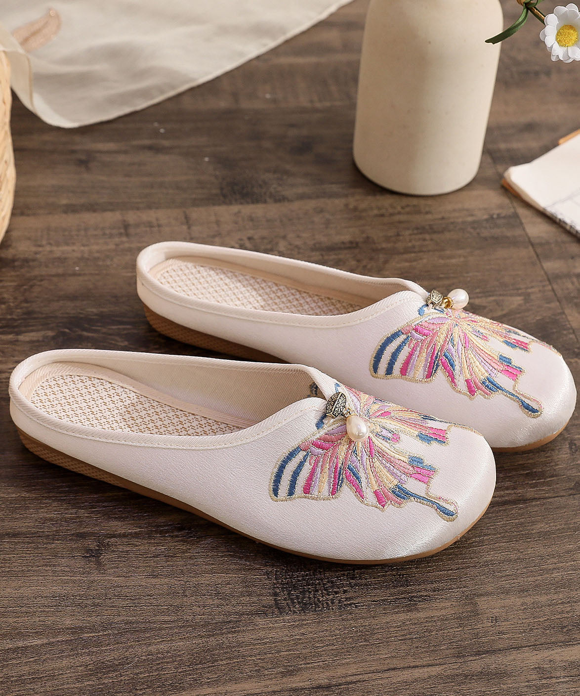 White Flat Slide Sandals Cotton Fabric Soft Splicing Embroideried