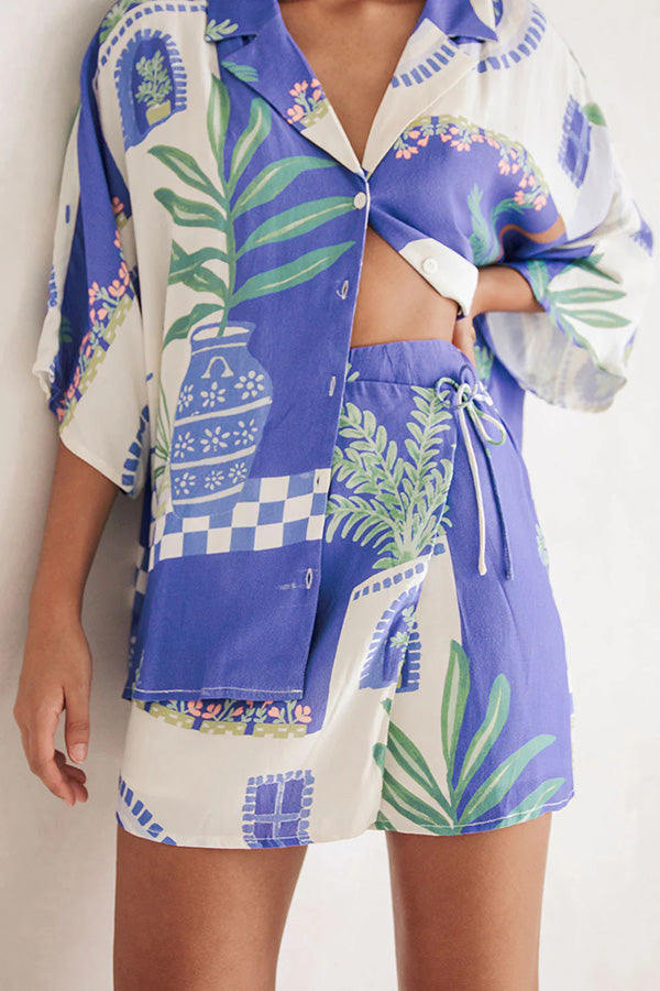 Balmy Nights Unique Print Loose Shirt and Elastic Waist Wrap Lace-up Skirt Set