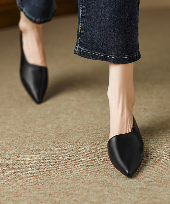 Black Cowhide Leather Splicing Flat Shoes For Women