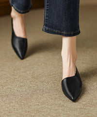 Black Cowhide Leather Splicing Flat Shoes For Women