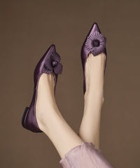 Classy Sheepskin Floral Splicing Purple Flat Shoes Pointed Toe