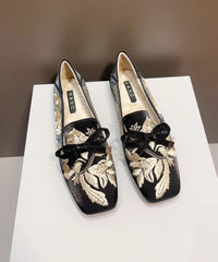 Retro Black Embroidered Flat Feet Shoes Fuzzy Wool Lined