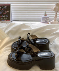 Black Bow Splicing Stylish Faux Leather Chunky Slide Sandals