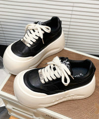 Casual Lace Up Splicing Platform Shoes Beige Cowhide Leather