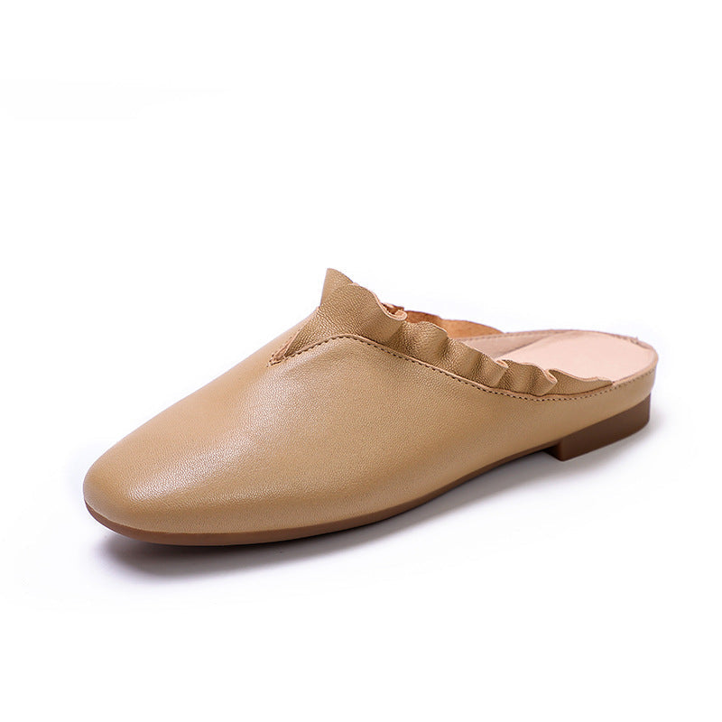 Vintage Leather Ruffle Trim Casual Slippers