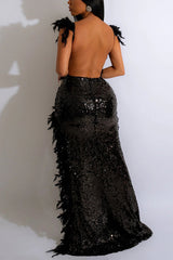 Feather Sequin Backless Fit Asymmetrical Maxi Dress