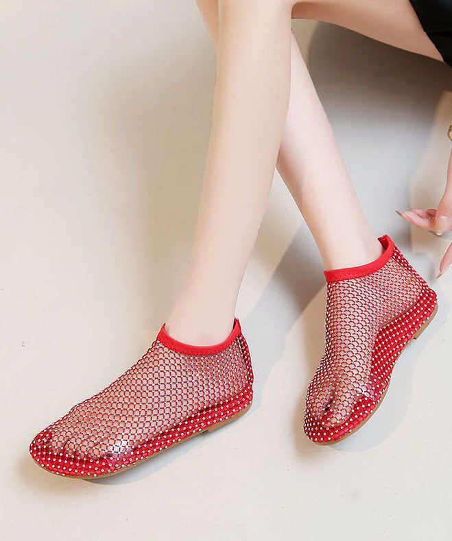 Red Breathable Mesh Sandals Boots Splicing Zircon