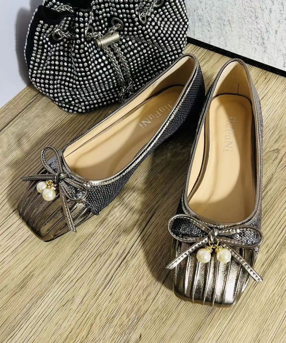 Pearl Bow Wrinkled Square Head Flats Shoes