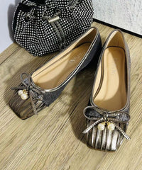 Pearl Bow Wrinkled Square Head Flats Shoes