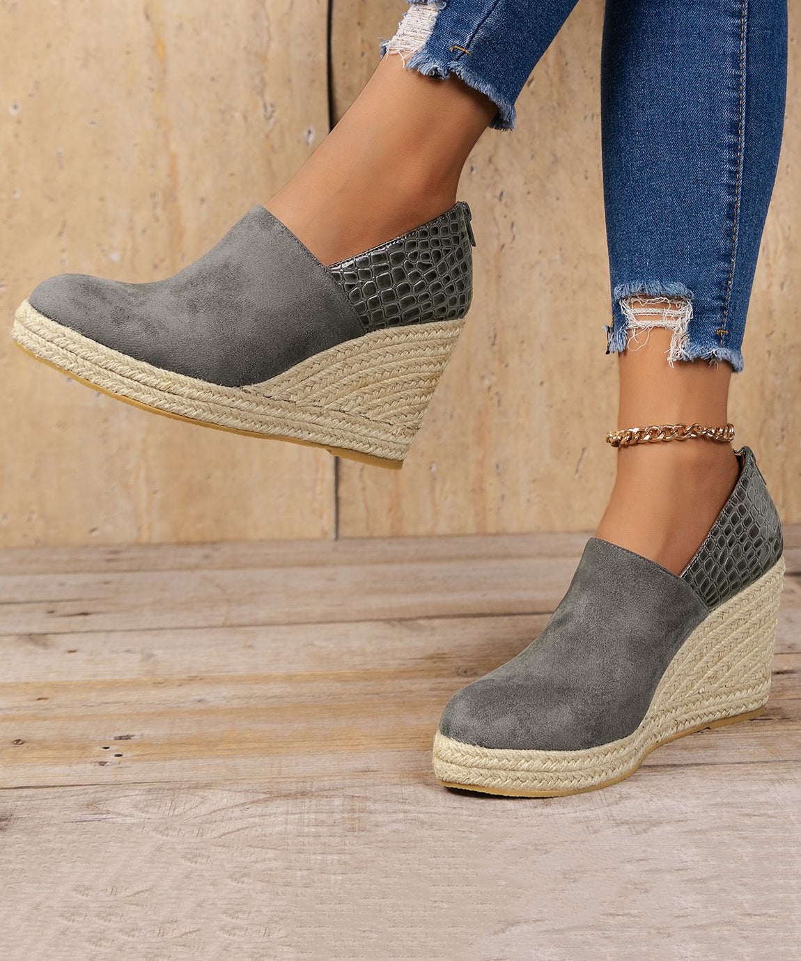 Grey Zippered Crocodile Faux Leather Splicing High Wedge Heels Shoes