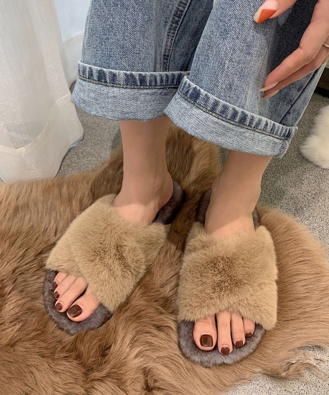 Splicing Platform Slippers Shoes Khaki Fuzzy Fur