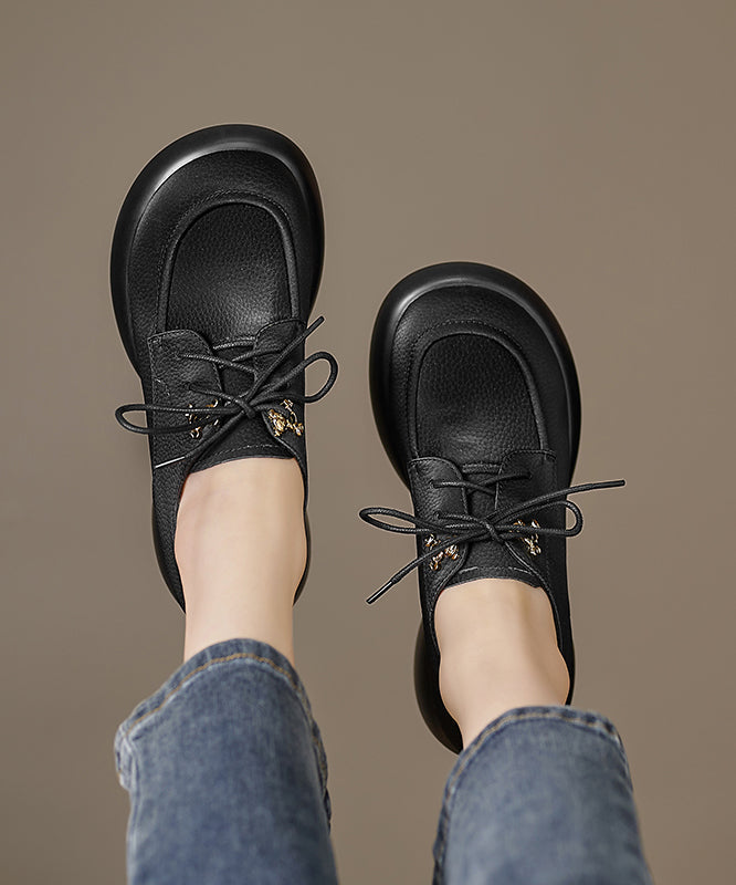 Beige Cowhide Leather Splicing Chunky Loafer Shoes Lace Up