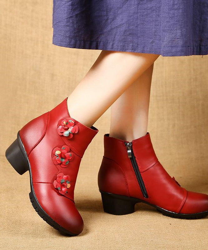 Red Boots Chunky Cowhide Leather Splicing Floral