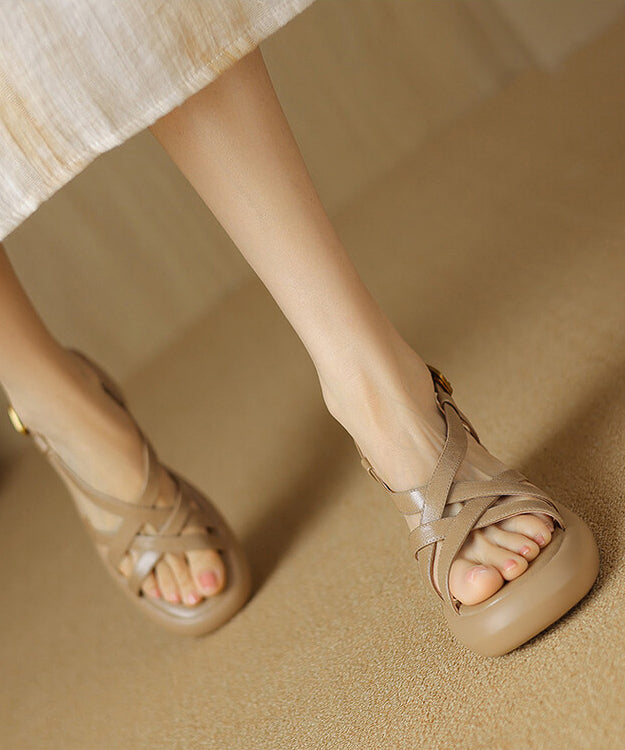 Splicing Chunky Sandals Apricot Cowhide Leather Peep Toe