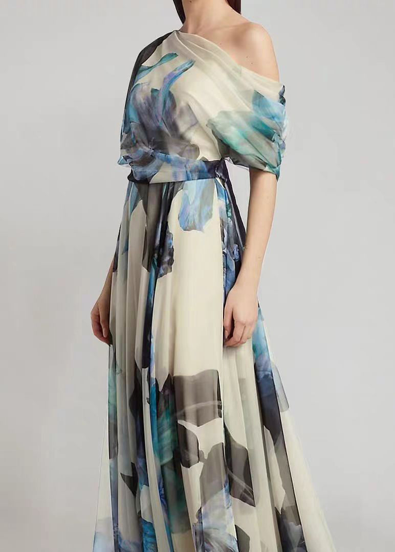 French Sky Blue Asymmetric Printed Chiffon Long Skirt Summer