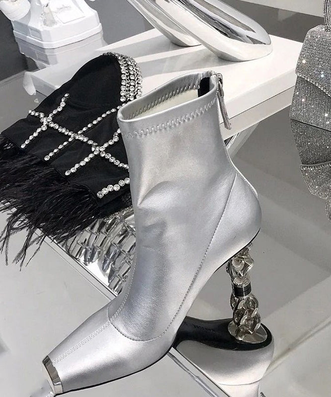 Versatile Silver Zipper Metal Heterotypic High Heel Boots