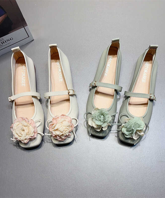 Apricot Faux Leather Flat Shoes Splicing Floral Buckle Strap