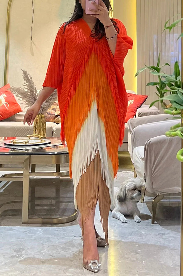 Color-blocked Multi-layered Tassel Loose Midi Dress