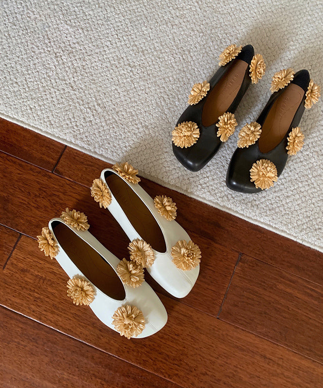 Floral Splicing Flat Shoes Black Sheepskin