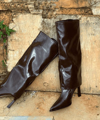 Black Faux Leather Stiletto Heels Boots Splicing