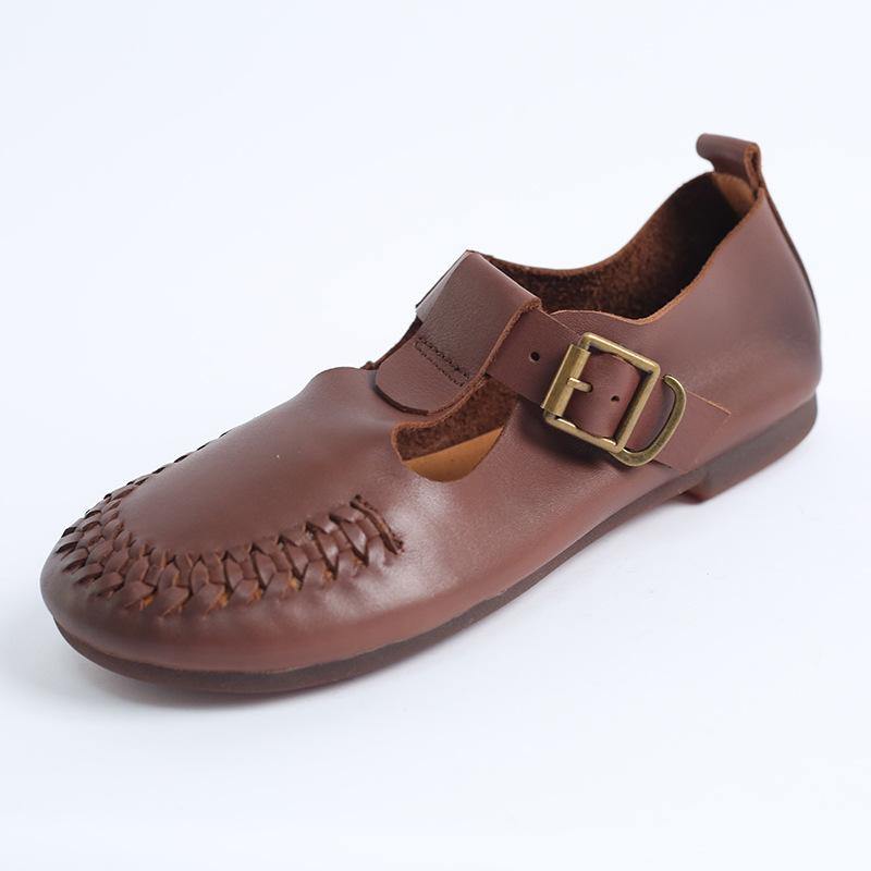 Cowhide Beige Leather Flat Shoes For Buckle Strap Hollow Out Flat Shoes