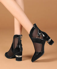 Mulberry Chunky Heel Faux Leather Tulle Splicing Boots