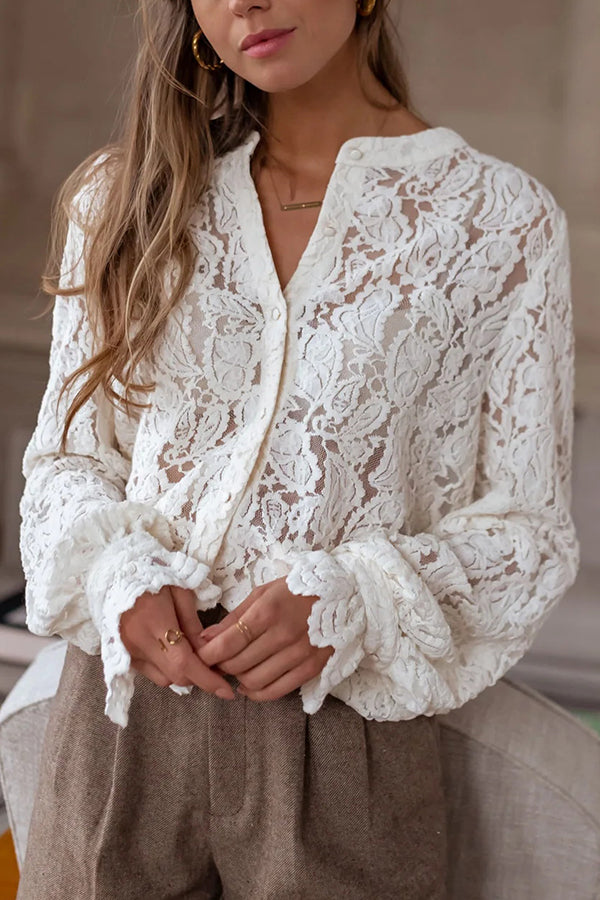 Lace Long-sleeved Casual Button-down Shirt