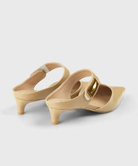 Unique Splicing Kitten Heels Khaki Faux Leather Slide Sandals