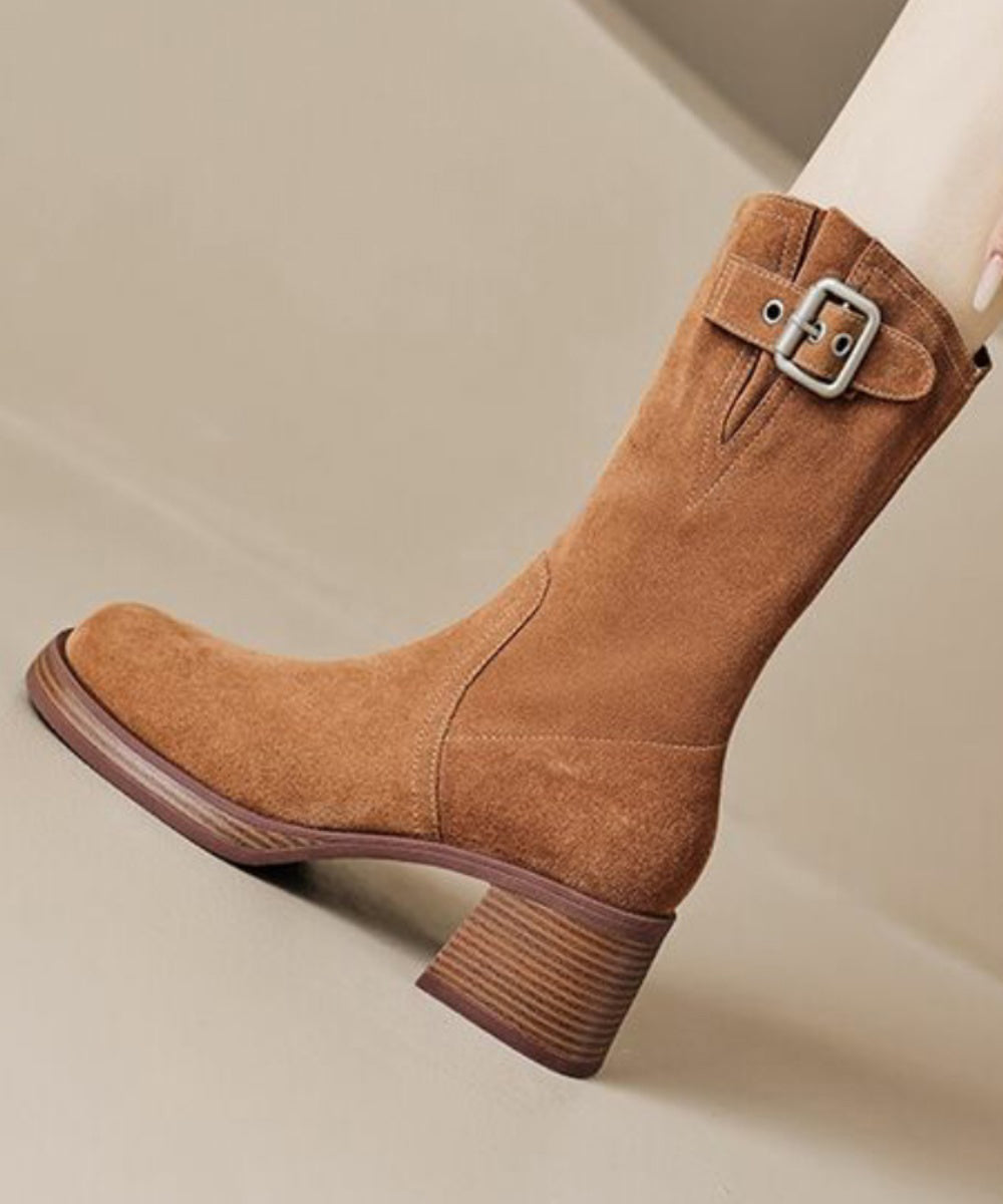 Caramel Boots Chunky Suede Comfy Belt Buckle