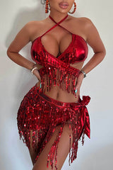 Metallic Halter Neck Tassel Stretch Bikini Swimsuit and Tassel Tie Skirt Three-piece Set