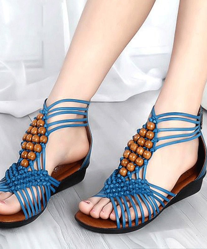 Boho Blue Wedge Genuine Leather Cross Beaded Strap Sandals