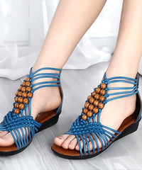Boho Blue Wedge Genuine Leather Cross Beaded Strap Sandals