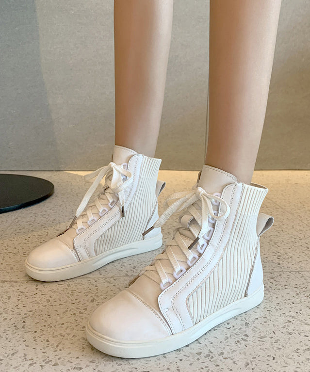White Lace Up Splicing Cowhide Leather Flat Boots