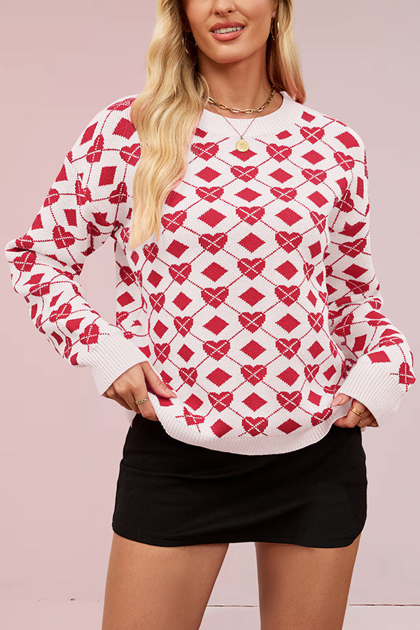 Heart-shaped Jacquard Loose Long-sleeved Knit Sweater