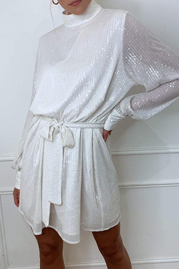 Sequined Long-sleeved Belted Casual Mini Dress